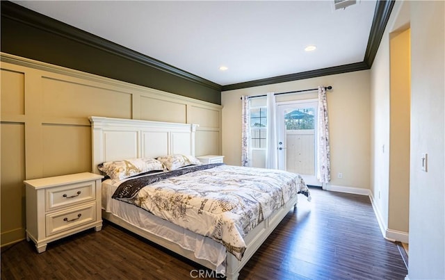 bedroom featuring crown molding, access to exterior, dark wood-type flooring, and baseboards