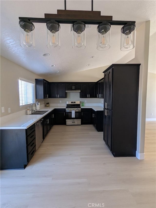 kitchen with a sink, dark cabinetry, stainless steel appliances, light wood-style floors, and vaulted ceiling