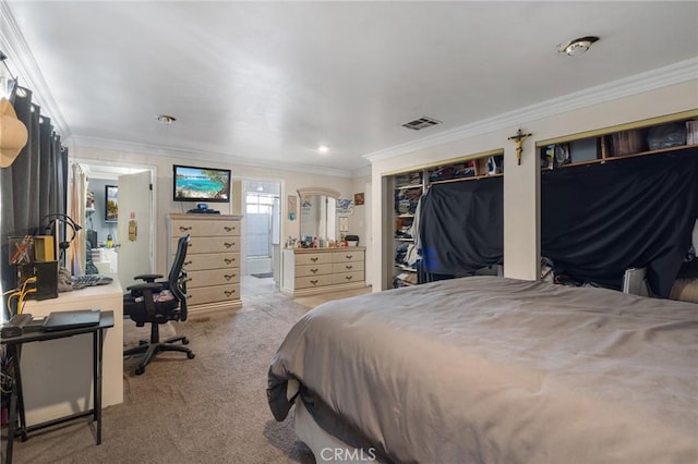 bedroom with visible vents, two closets, crown molding, and carpet