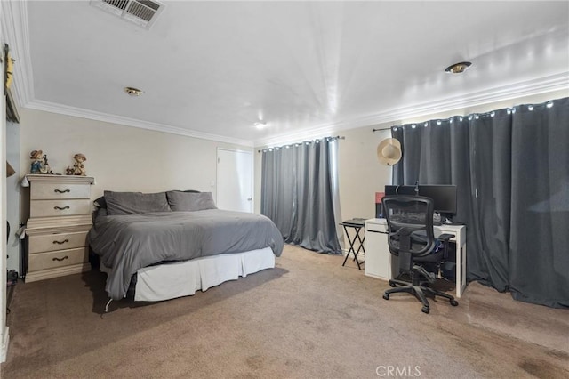 bedroom with visible vents, carpet floors, and crown molding