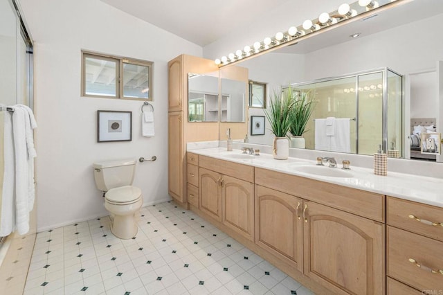 full bathroom featuring a shower stall, toilet, double vanity, and a sink