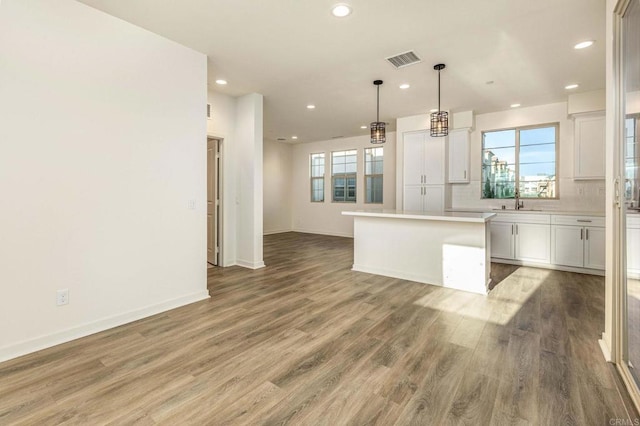 kitchen with wood finished floors, a healthy amount of sunlight, open floor plan, and backsplash