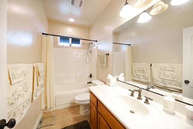 full bath with visible vents, shower / bathtub combination with curtain, toilet, tile patterned flooring, and vanity