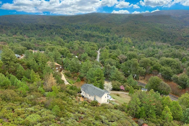 drone / aerial view with a mountain view and a view of trees