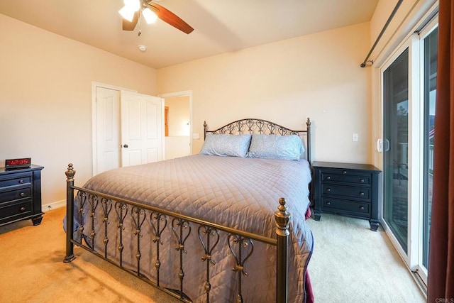 bedroom with light colored carpet and ceiling fan