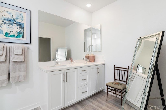 bathroom with a sink, wood finished floors, and double vanity