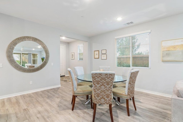 dining room with baseboards, visible vents, and light wood finished floors