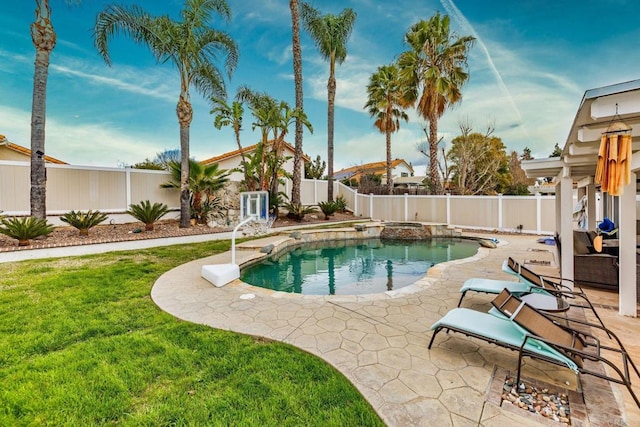 view of swimming pool featuring a patio, a fenced backyard, a fenced in pool, and a lawn