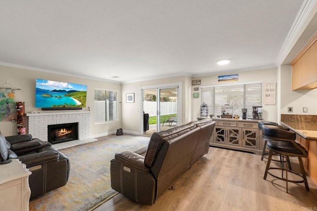 29600 Nightcrest Cir, Temecula, CA 92591 - living area with a fireplace, light wood-style flooring, and ornamental molding