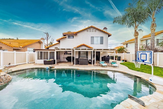29600 Nightcrest Cir, Temecula, CA 92591 - view of swimming pool featuring a fenced backyard, a fenced in pool, a sunroom, and a patio