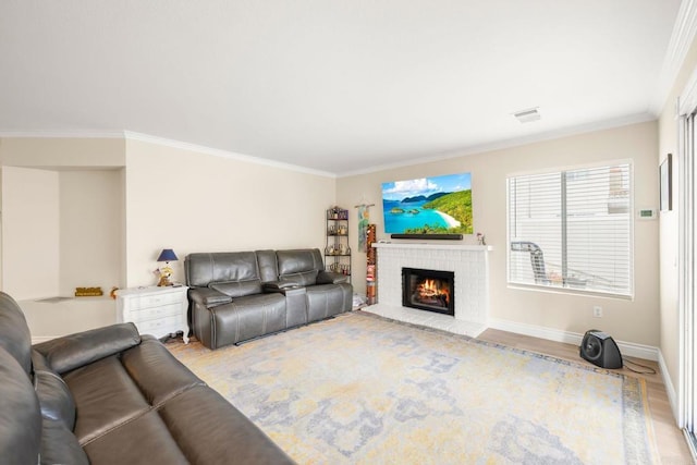 29600 Nightcrest Cir, Temecula, CA 92591 - living area featuring a brick fireplace, wood finished floors, visible vents, and crown molding