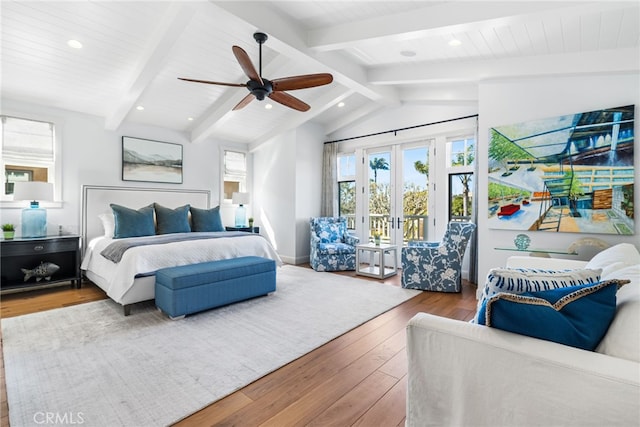 bedroom featuring a ceiling fan, lofted ceiling with beams, recessed lighting, access to exterior, and wood-type flooring