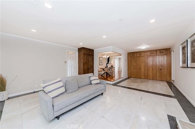 unfurnished living room with crown molding, recessed lighting, and baseboards