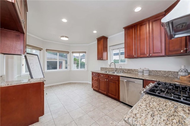 kitchen with extractor fan, light stone countertops, dishwasher, ornamental molding, and a sink