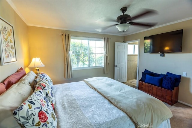 bedroom with carpet floors, baseboards, ceiling fan, and ornamental molding