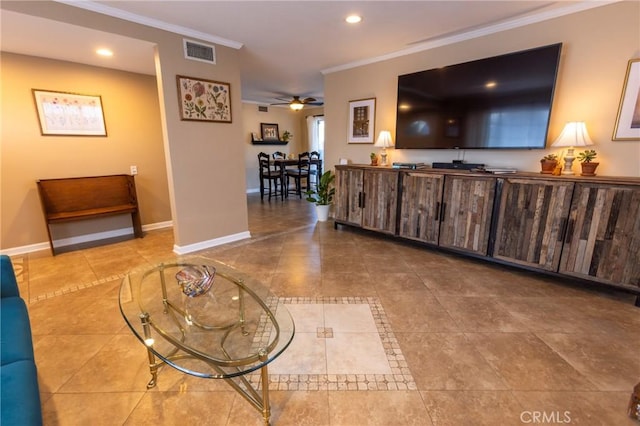 living area featuring recessed lighting, baseboards, visible vents, and ornamental molding