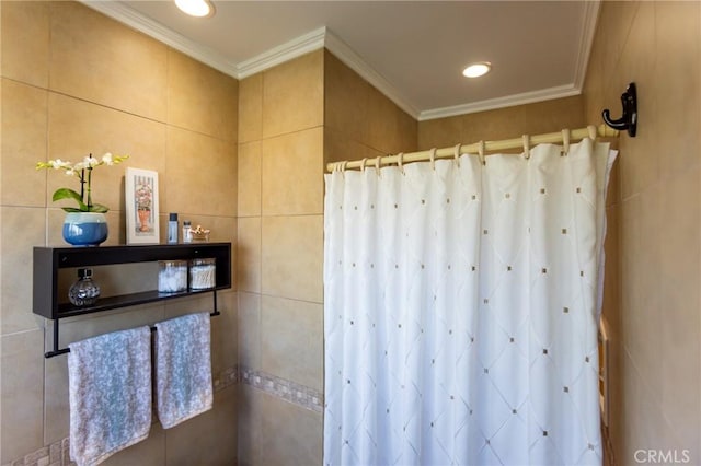 bathroom with recessed lighting, a shower with shower curtain, and ornamental molding