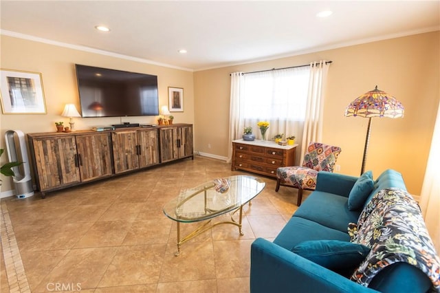 living room with light tile patterned flooring, recessed lighting, crown molding, and baseboards