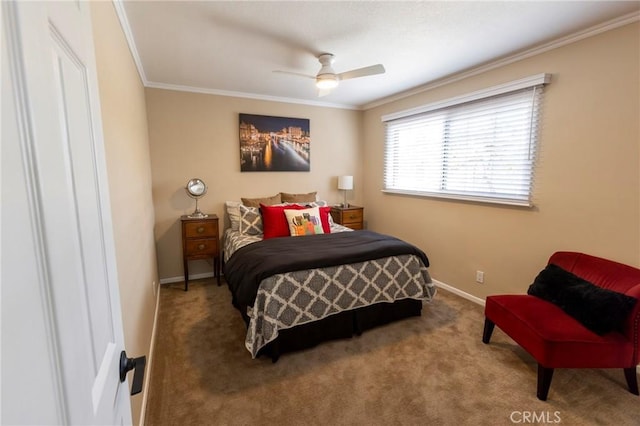 bedroom with ceiling fan, baseboards, ornamental molding, and carpet flooring