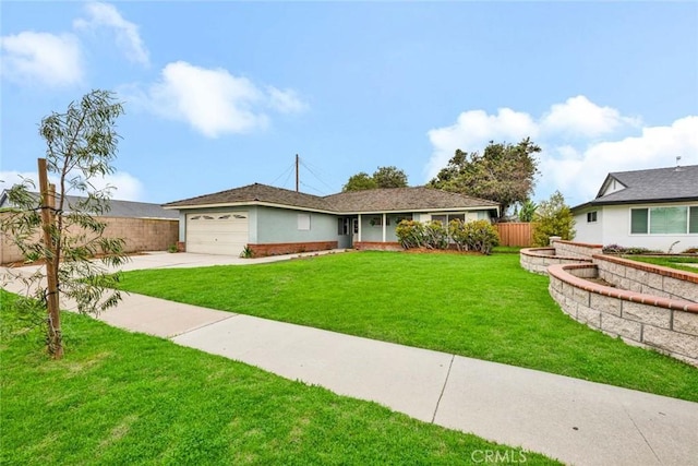 single story home featuring a garage, concrete driveway, a front lawn, and fence