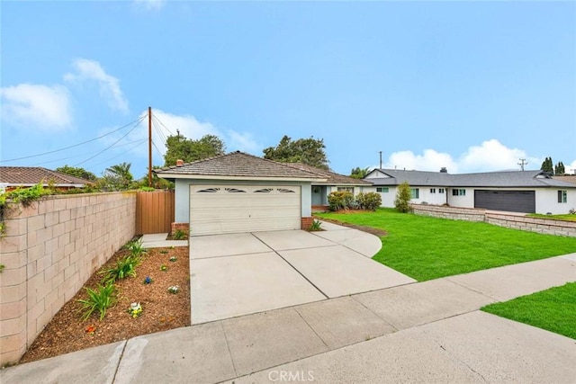 single story home featuring stucco siding, driveway, a front lawn, fence, and a garage