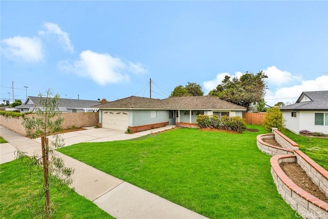 ranch-style home featuring a garage, concrete driveway, a front lawn, and fence