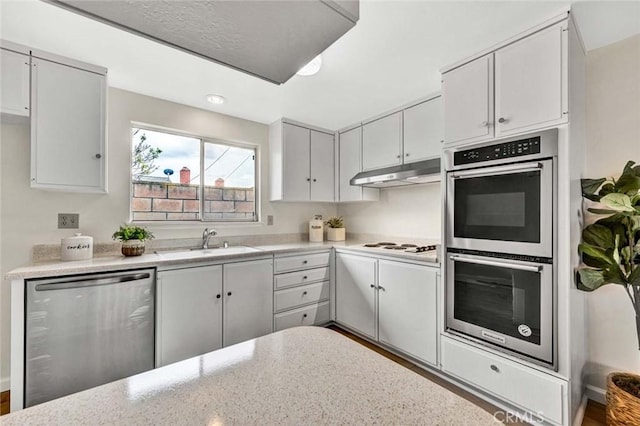 kitchen with wood finished floors, a sink, under cabinet range hood, appliances with stainless steel finishes, and white cabinetry