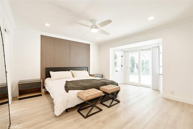 bedroom with access to exterior, light wood finished floors, baseboards, ornamental molding, and recessed lighting