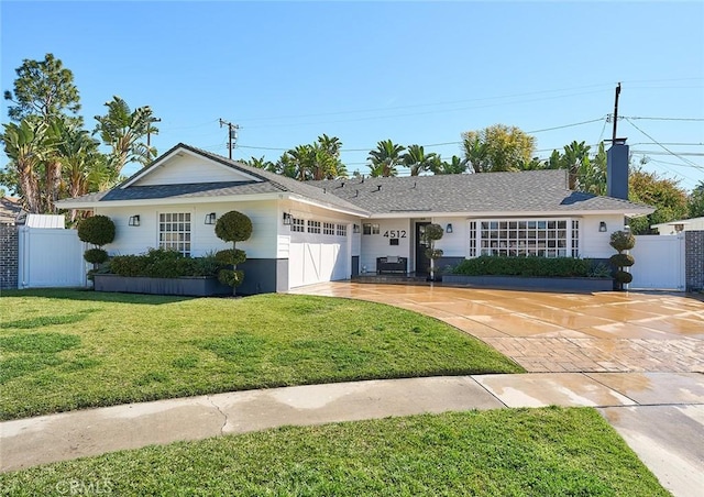 ranch-style home featuring concrete driveway, an attached garage, fence, and a front yard