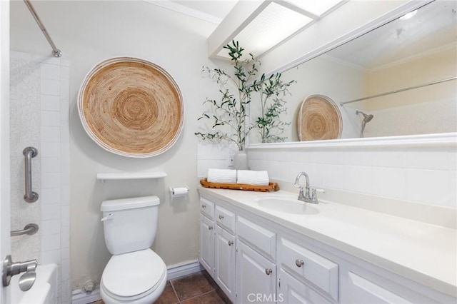 full bathroom featuring toilet, shower / washtub combination, crown molding, tile patterned flooring, and vanity