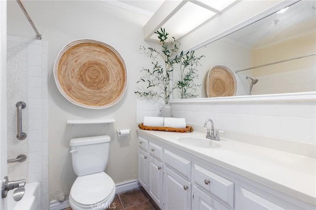 full bath with toilet, crown molding, vanity, and bathing tub / shower combination
