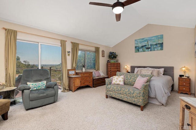 bedroom with light carpet, lofted ceiling, and a ceiling fan