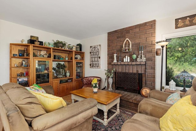 living area featuring a fireplace