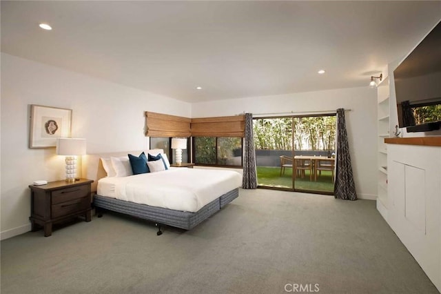 bedroom featuring carpet flooring, recessed lighting, and baseboards