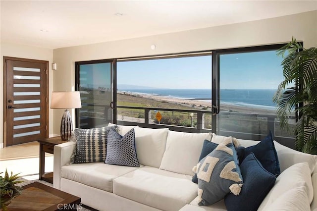 living area with a water view