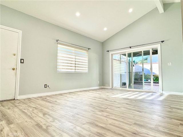 empty room featuring baseboards, high vaulted ceiling, recessed lighting, light wood-style floors, and beamed ceiling