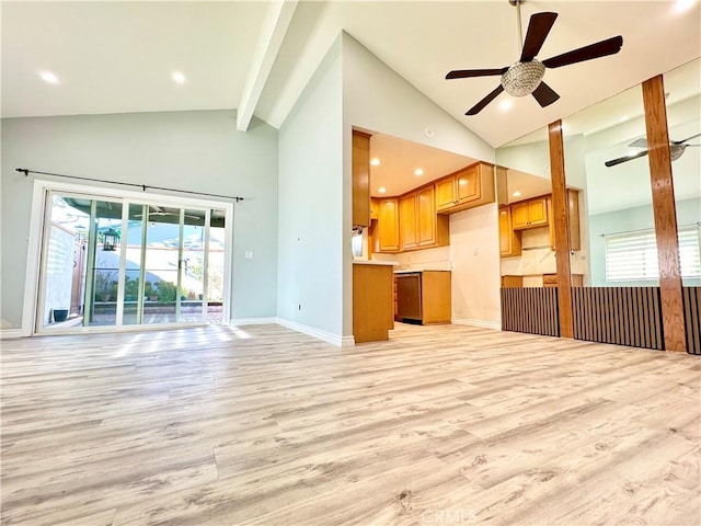 unfurnished living room featuring baseboards, ceiling fan, beamed ceiling, light wood-style floors, and high vaulted ceiling