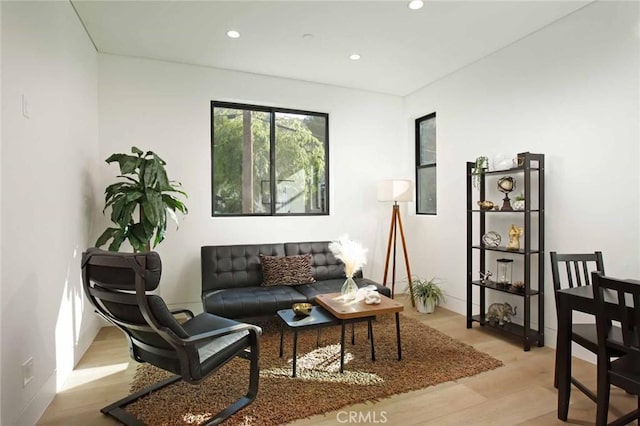 living room featuring recessed lighting and light wood finished floors