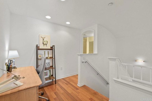 office area with recessed lighting, light wood-style flooring, and baseboards