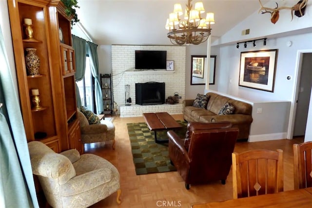 534 Dover Ct, Lake Arrowhead, CA 92352 - living room featuring vaulted ceiling, a chandelier, and a fireplace
