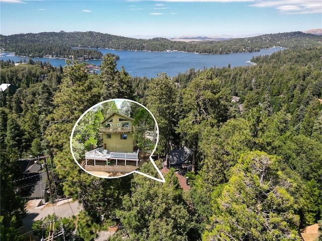 534 Dover Ct, Lake Arrowhead, CA 92352 - drone / aerial view of a heavily wooded area and a water and mountain view