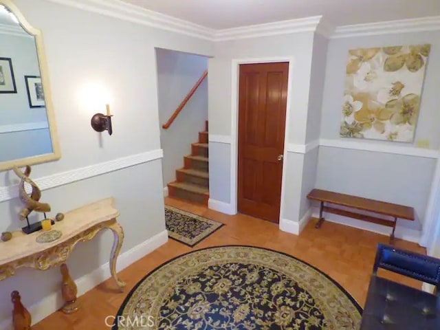 534 Dover Ct, Lake Arrowhead, CA 92352 - entryway with stairs, ornamental molding, and wood finished floors