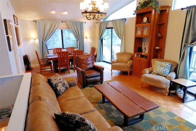 534 Dover Ct, Lake Arrowhead, CA 92352 - living area featuring a chandelier, baseboards, and recessed lighting