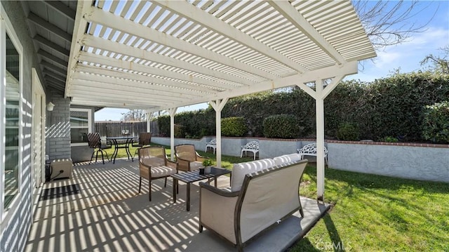 view of patio / terrace featuring outdoor dining area, a fenced backyard, and a pergola