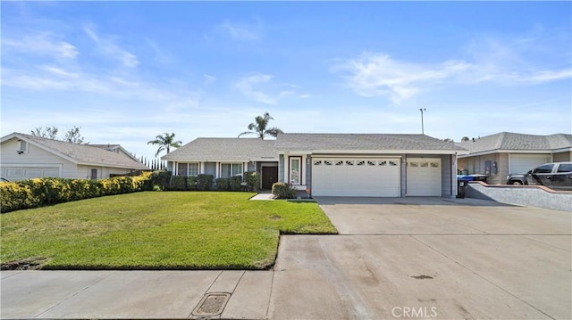 ranch-style house with a front lawn, an attached garage, and concrete driveway