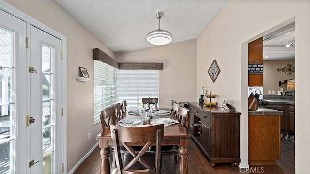 dining space with dark wood-style floors, a textured ceiling, baseboards, and vaulted ceiling