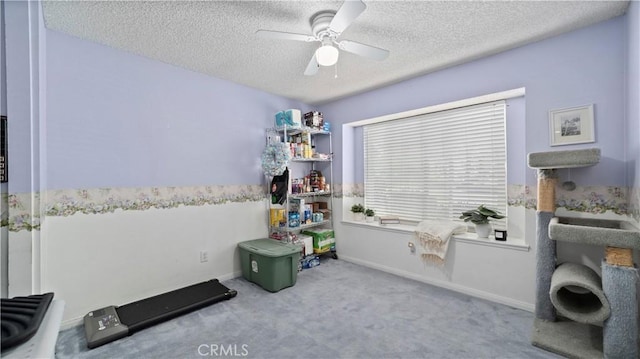 interior space featuring carpet flooring, a ceiling fan, baseboards, and a textured ceiling