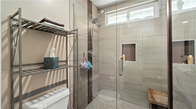 bathroom with a shower stall and toilet