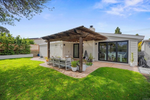 back of property featuring an outdoor living space, fence, a lawn, a pergola, and a patio