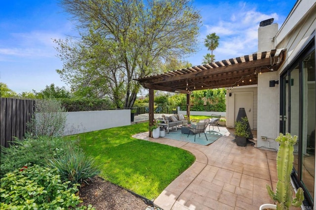 view of yard with an outdoor hangout area, a pergola, a fenced backyard, and a patio